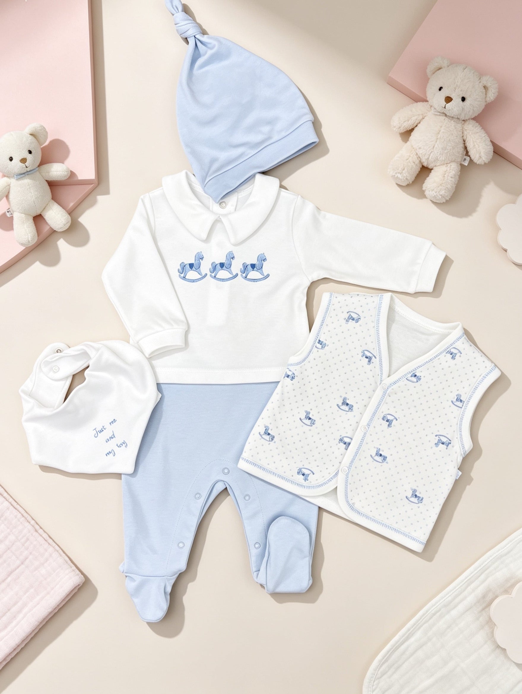 White & Blue Horse GOTS™ Certified Organic Cotton Pyjama 4 Pcs Set