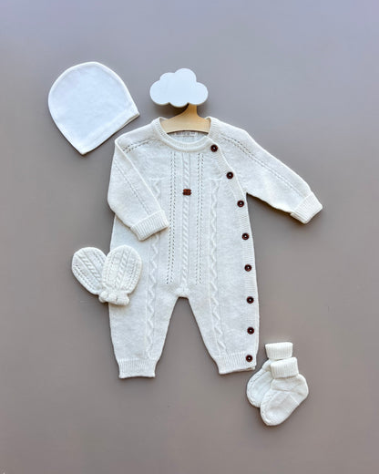 Off-White Merino Wool Brown Buttons Hospital Set 4 Pcs