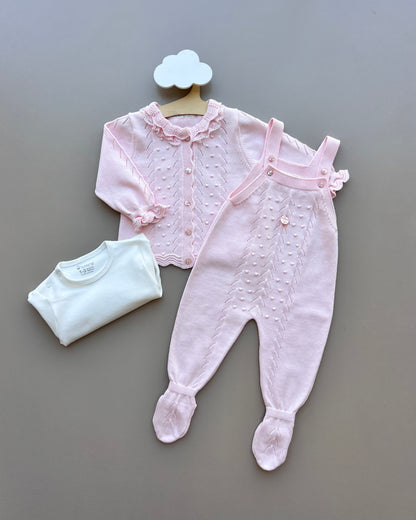 Pink And White Ruffles Organic Cotton 3 Pcs Set Salopettes