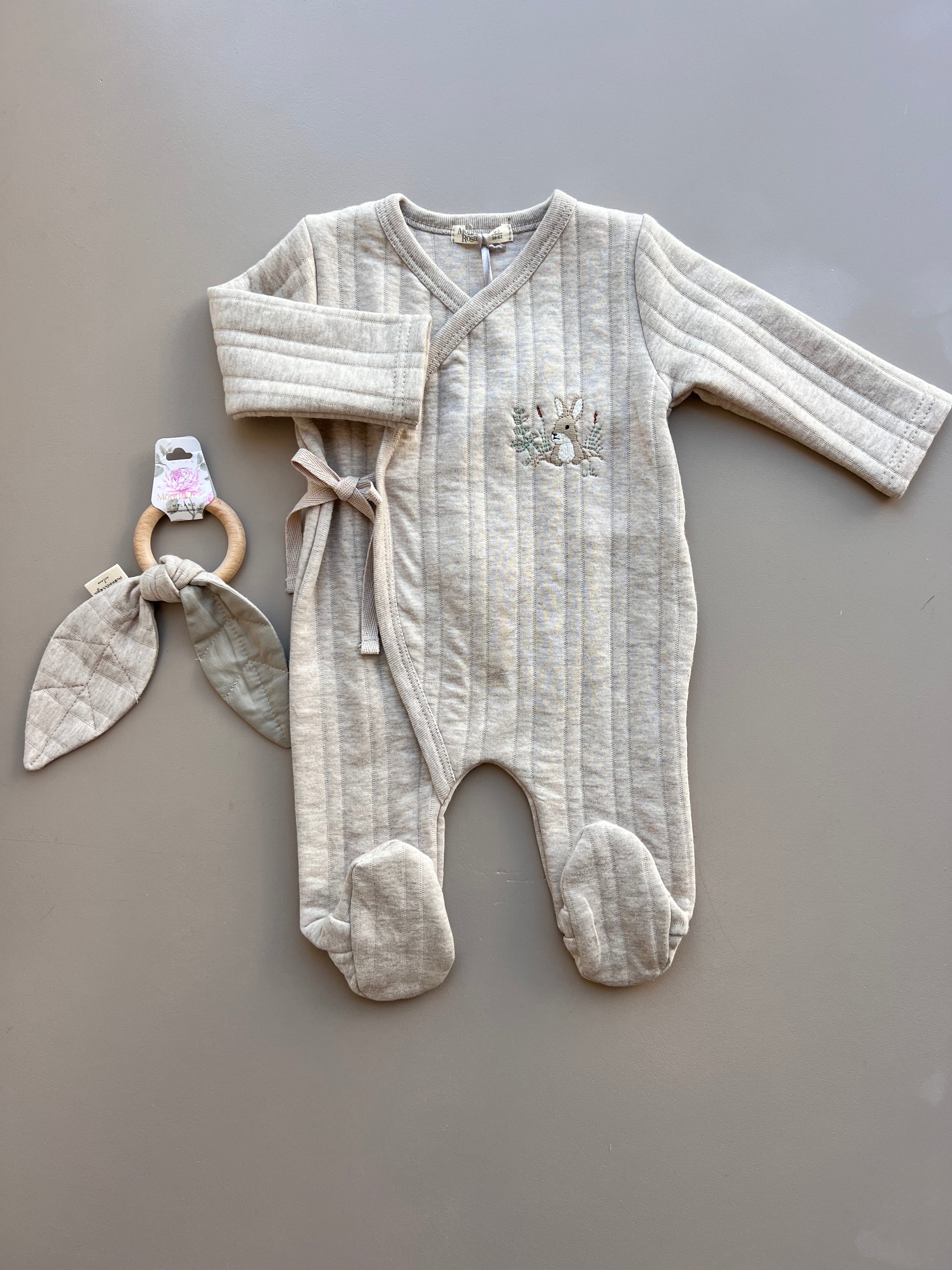 Cotton Long Sleeves Overall With Wooden Ring Teether