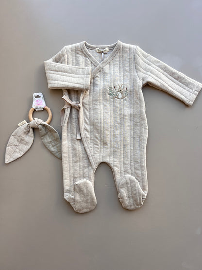 Cotton Long Sleeves Overall With Wooden Ring Teether