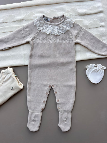 Beige Ruffle Cotton Footed Overall Hospital Set 5 pcs
