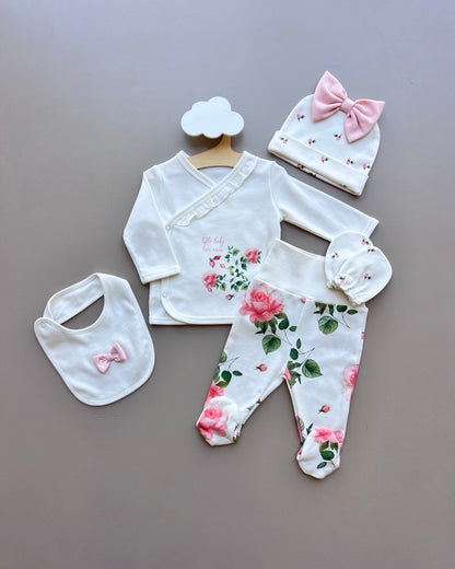 White & Pink GOTS™ Certified Organic Cotton Love Roses 5 Pcs Set