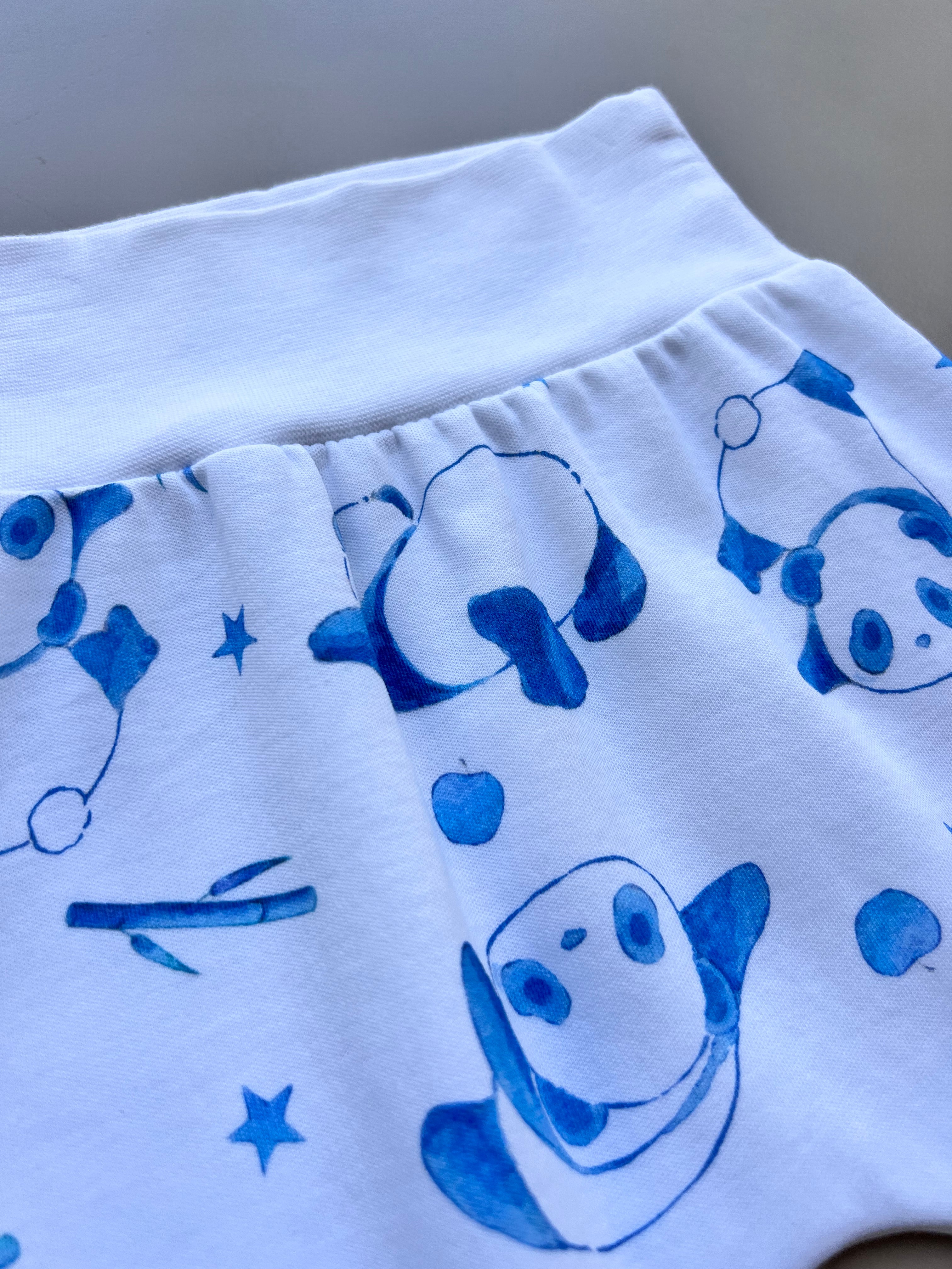 Blue & White GOTS™ Certified Organic Cotton Panda Footed Pants 3 Pcs Set