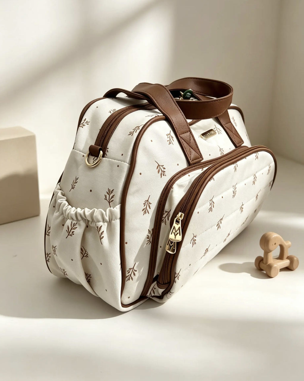 Flowers Beige Leather Diaper Bag