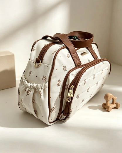 Flowers Beige Leather Diaper Bag