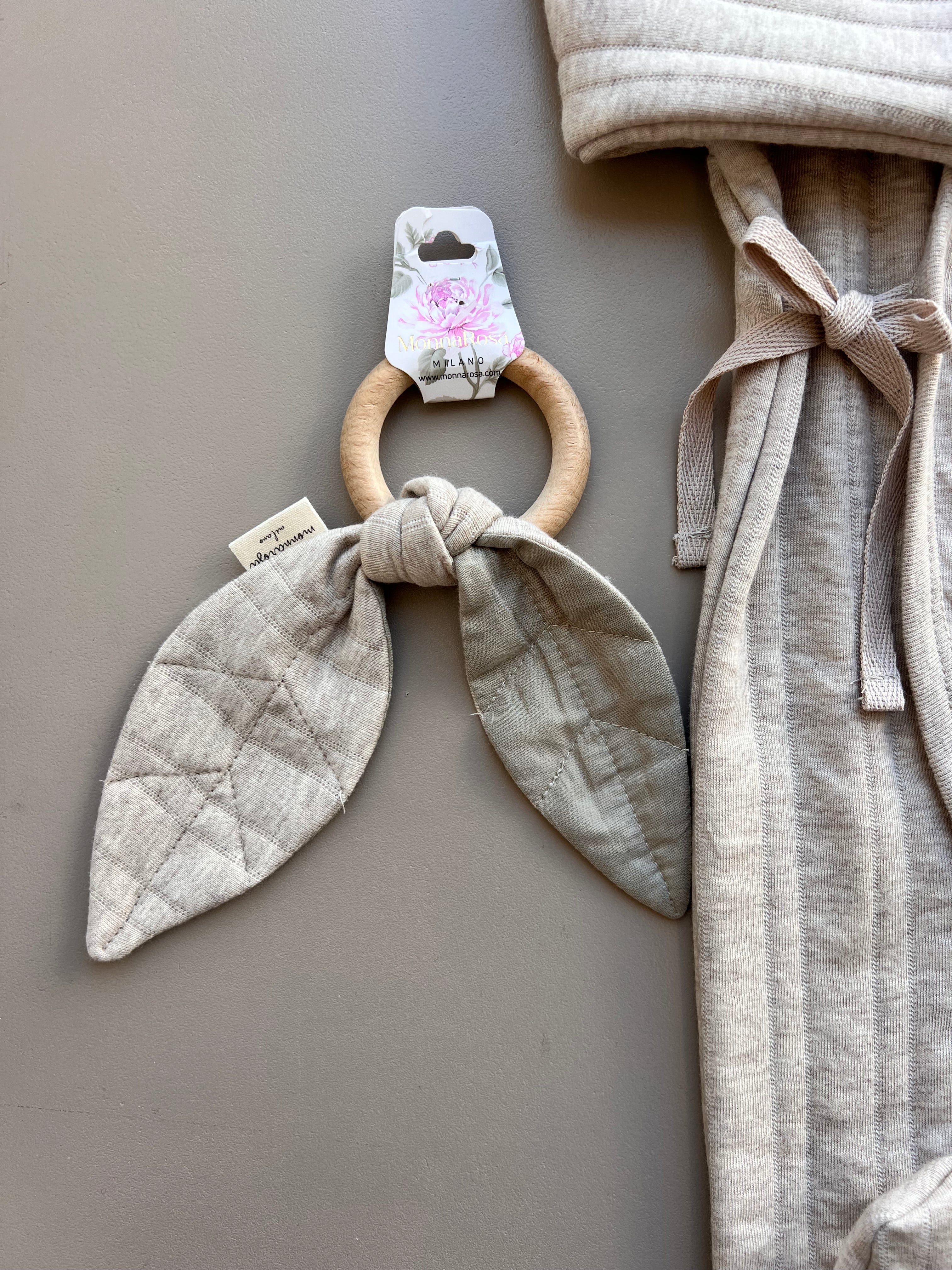 Cotton Long Sleeves Overall With Wooden Ring Teether