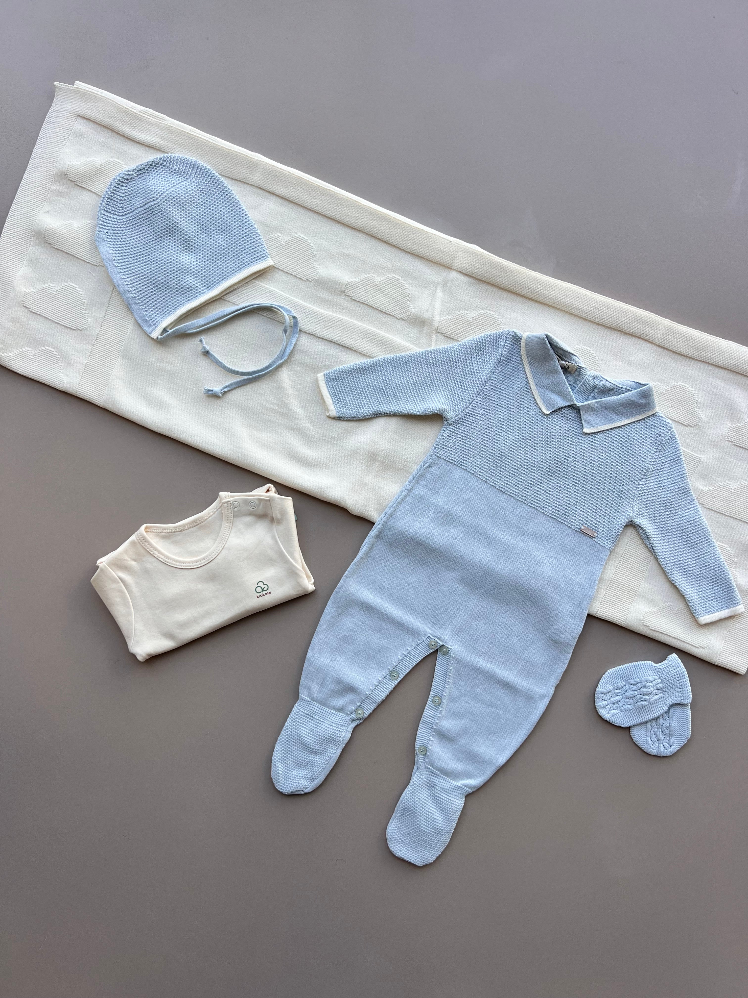 Blue Cotton Polo Footed Overall Hospital Set 5 Pcs