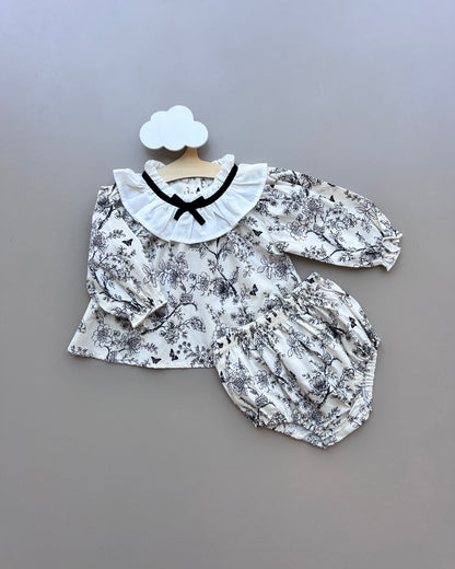 Ecru and Black Vintage Shirt 2pcs Set