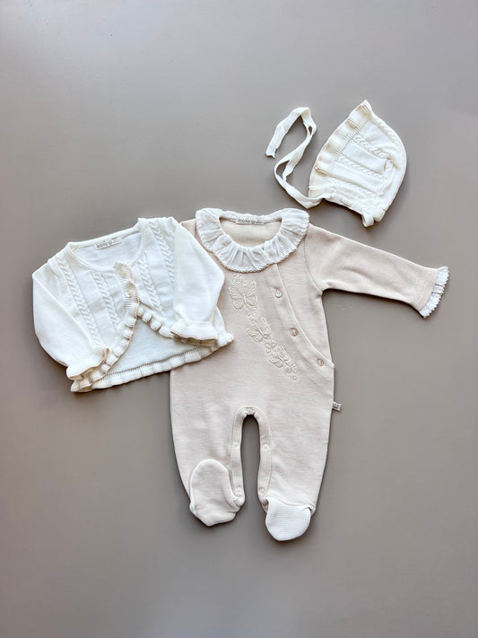 Beige/ White Organic Cotton Overall With Jacket and Hat