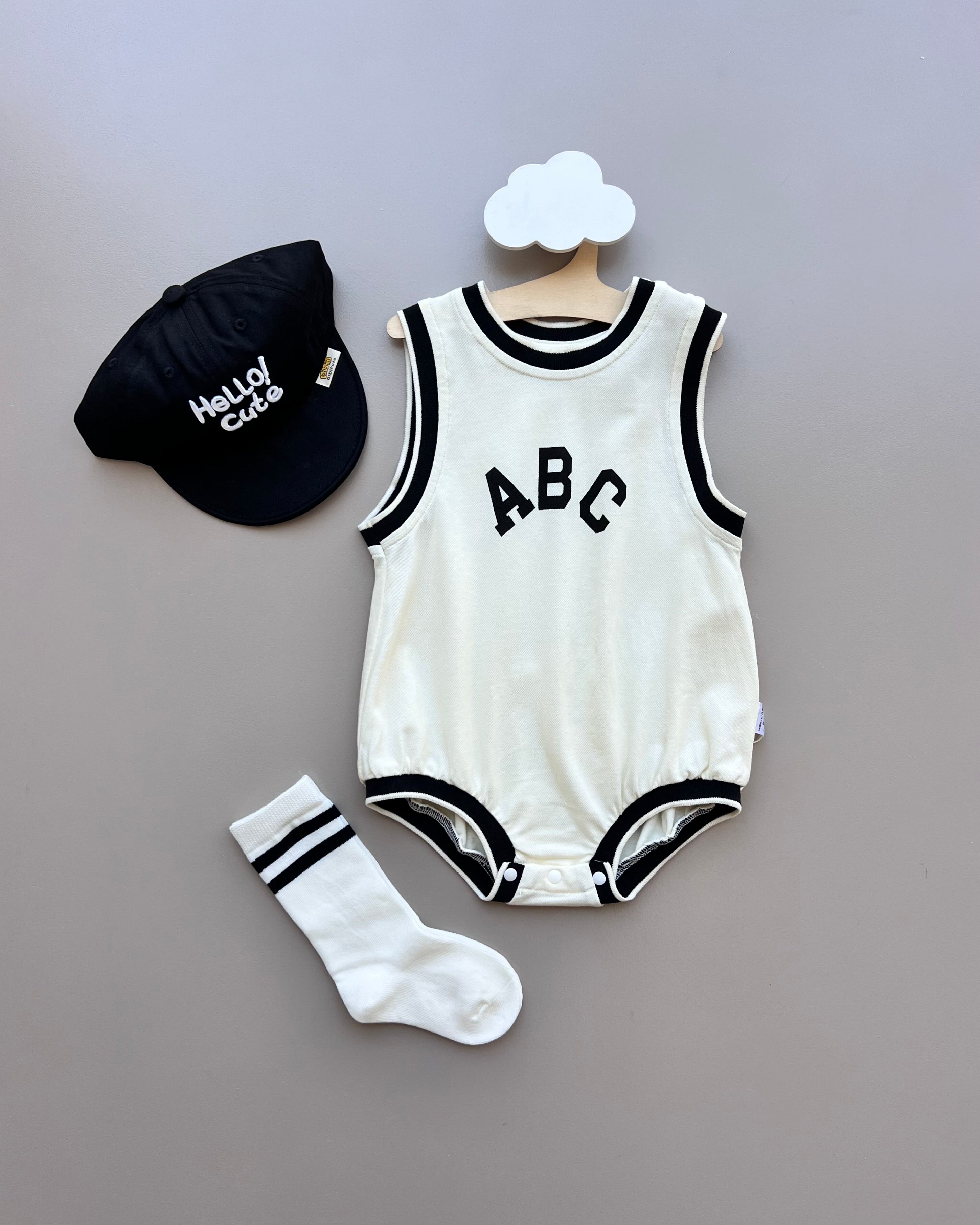 Yellow/Black ABC Romper, Hat and Socks 3pcs Set