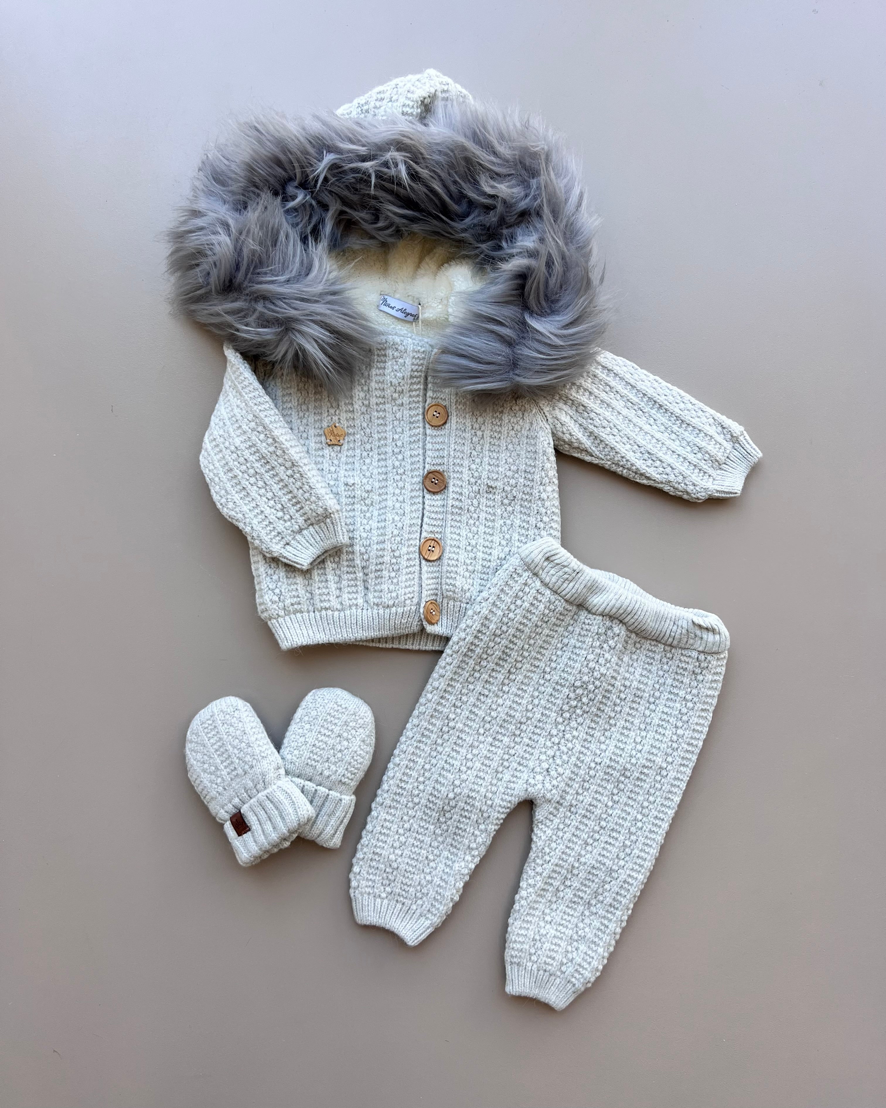 Thick Wool Fur Inside Top, Pants and Mittens 3 Pcs
