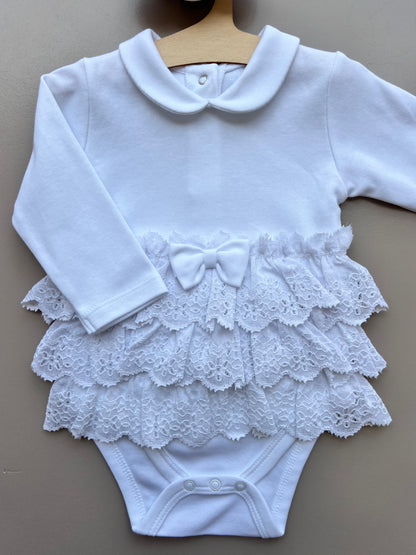 White GOTS™ Certified Organic Cotton Ruffles Long Sleeves Dress