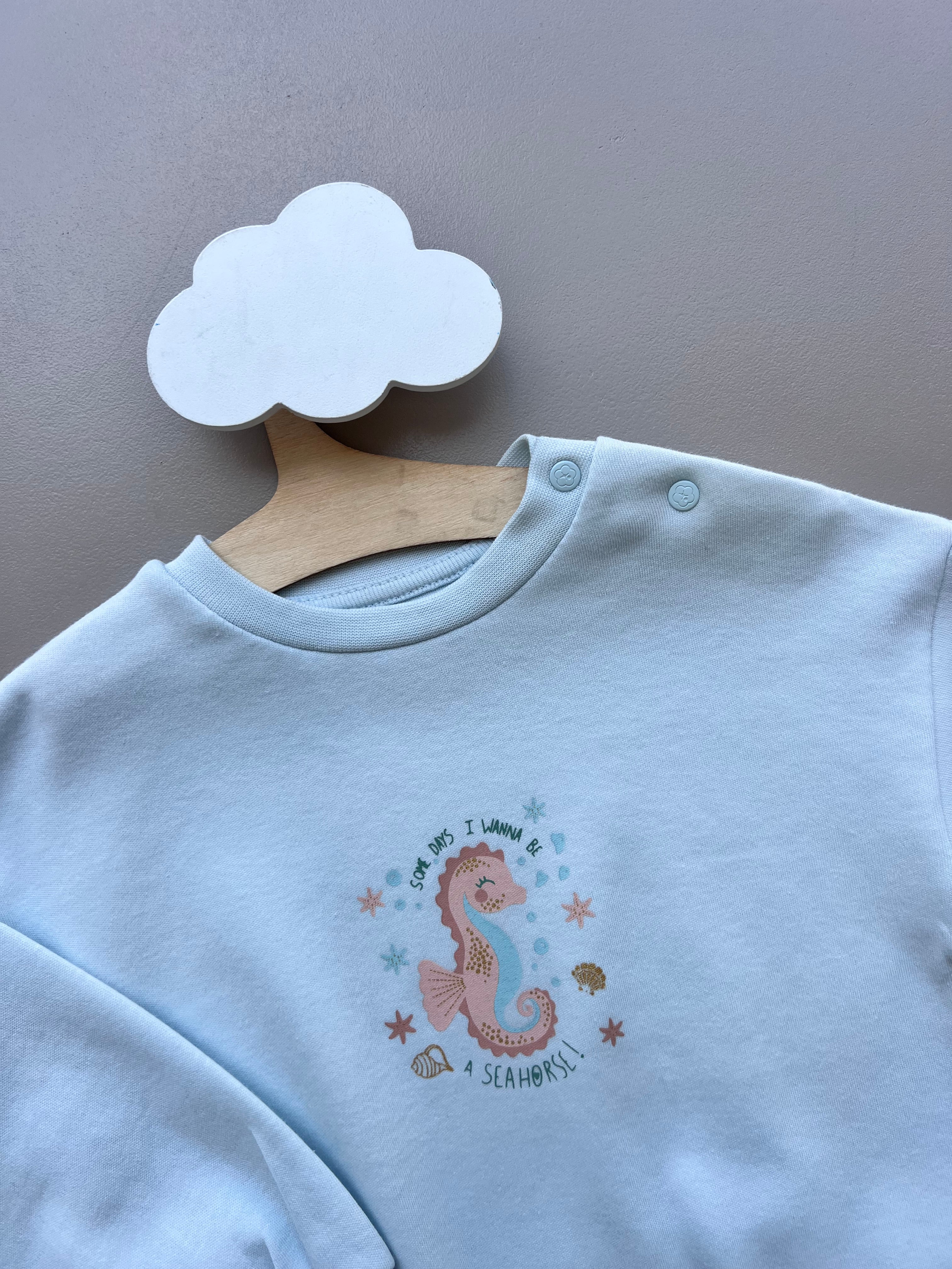 Light Blue Oversized Hoodie Seahorse Theme
