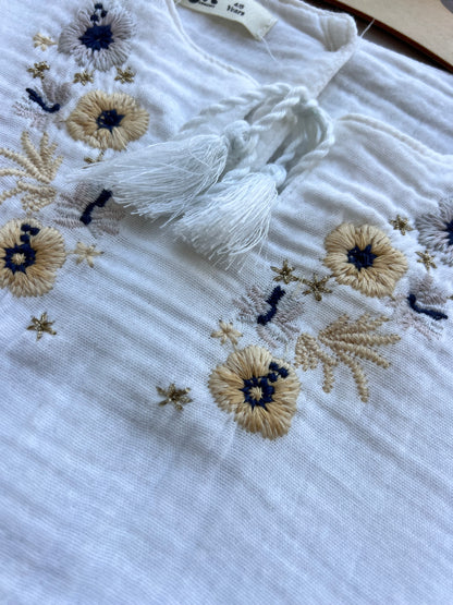 White Embroidered Dress Short Sleeves Flowers