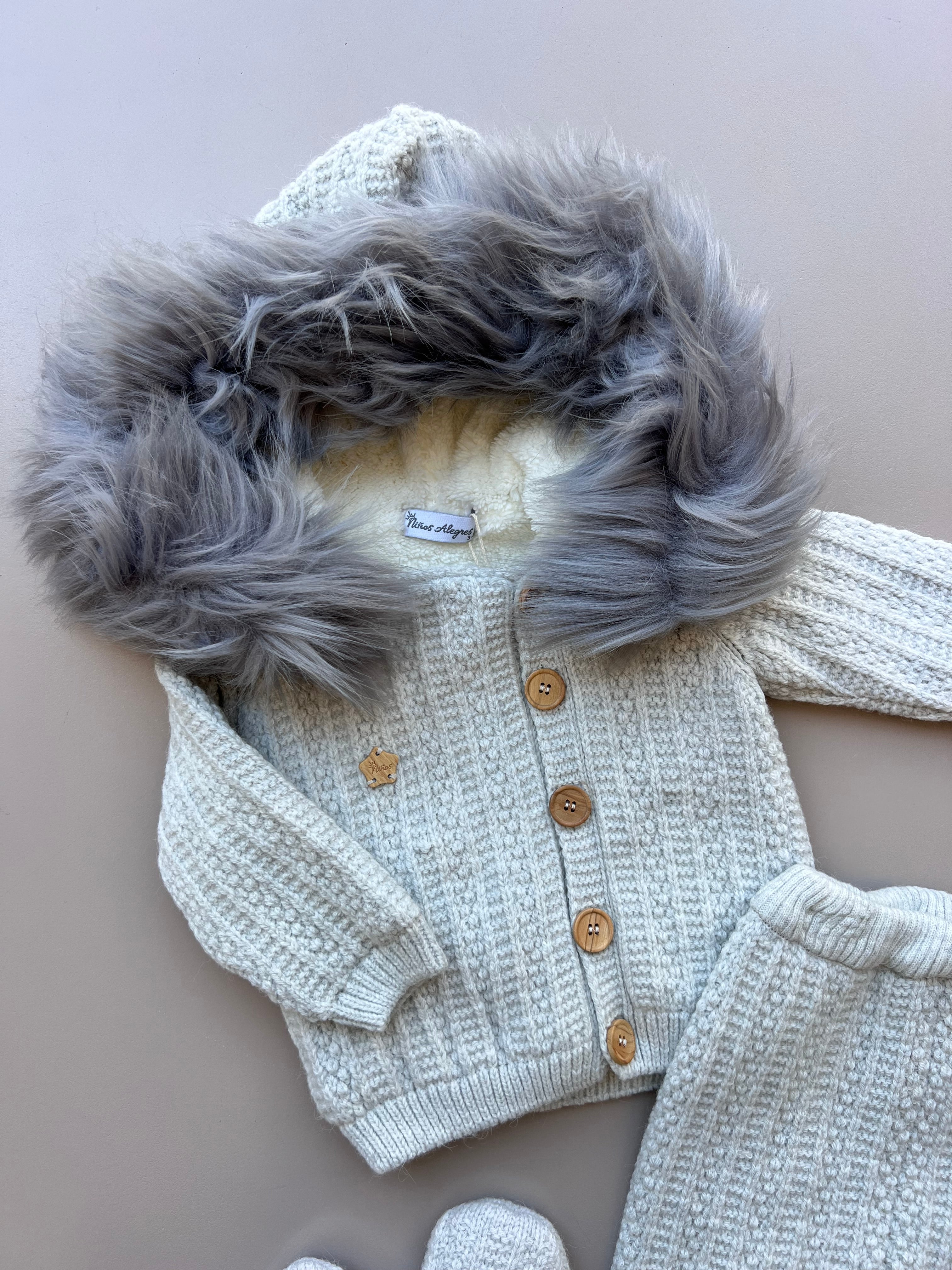 Thick Wool Fur Inside Top, Pants and Mittens 3 Pcs