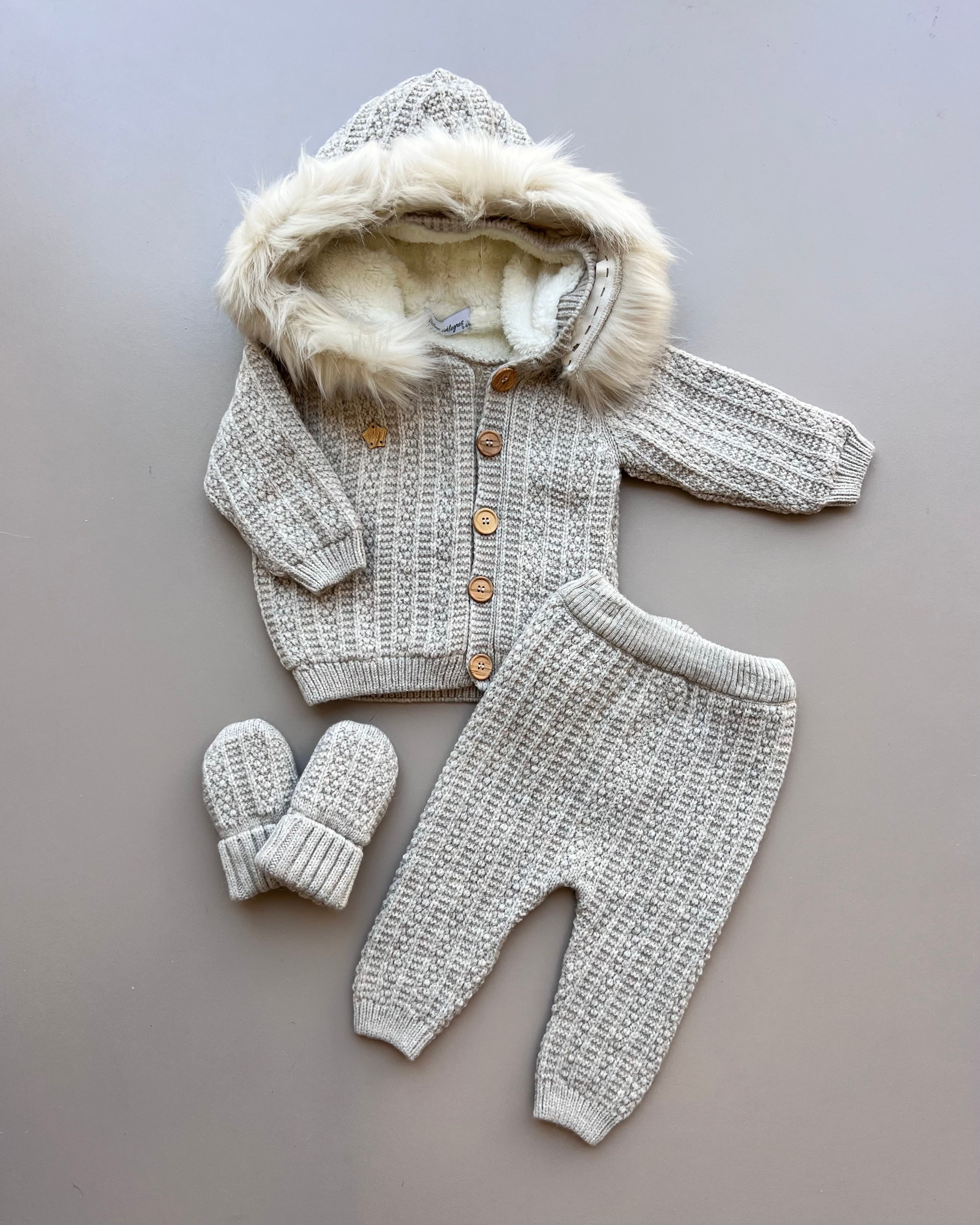 Thick Wool Fur Inside Top, Pants and Mittens 3 Pcs