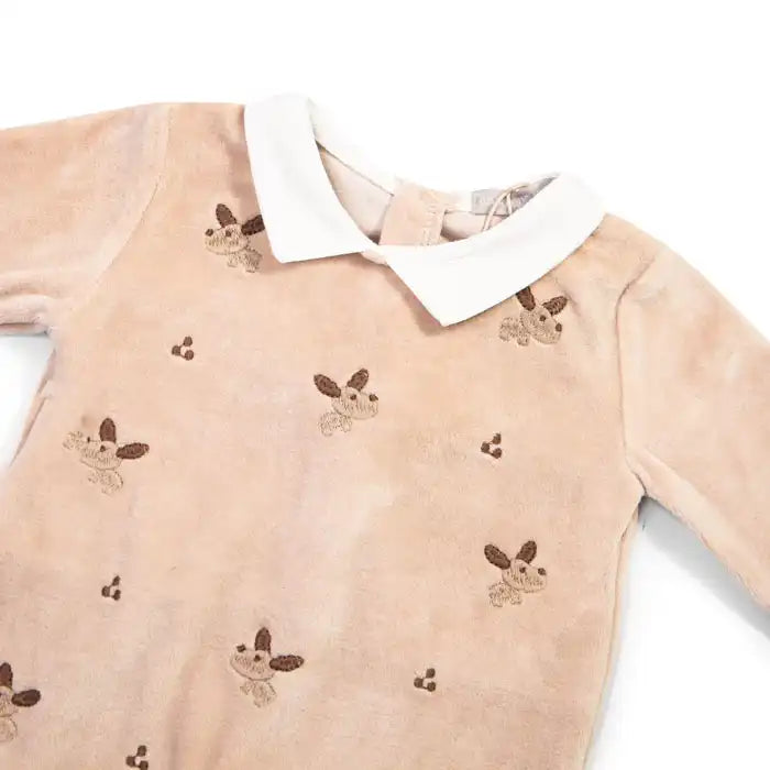 Beige Velvet Polo Embroidered Dog Overall