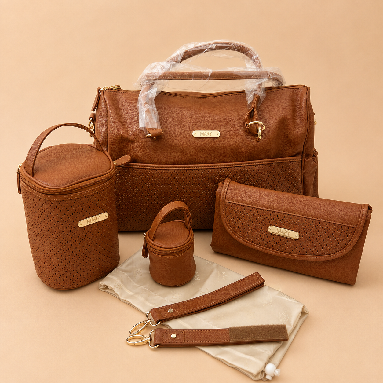 Camel Jumbo Leather Diaper Bag set of 4 Pieces
