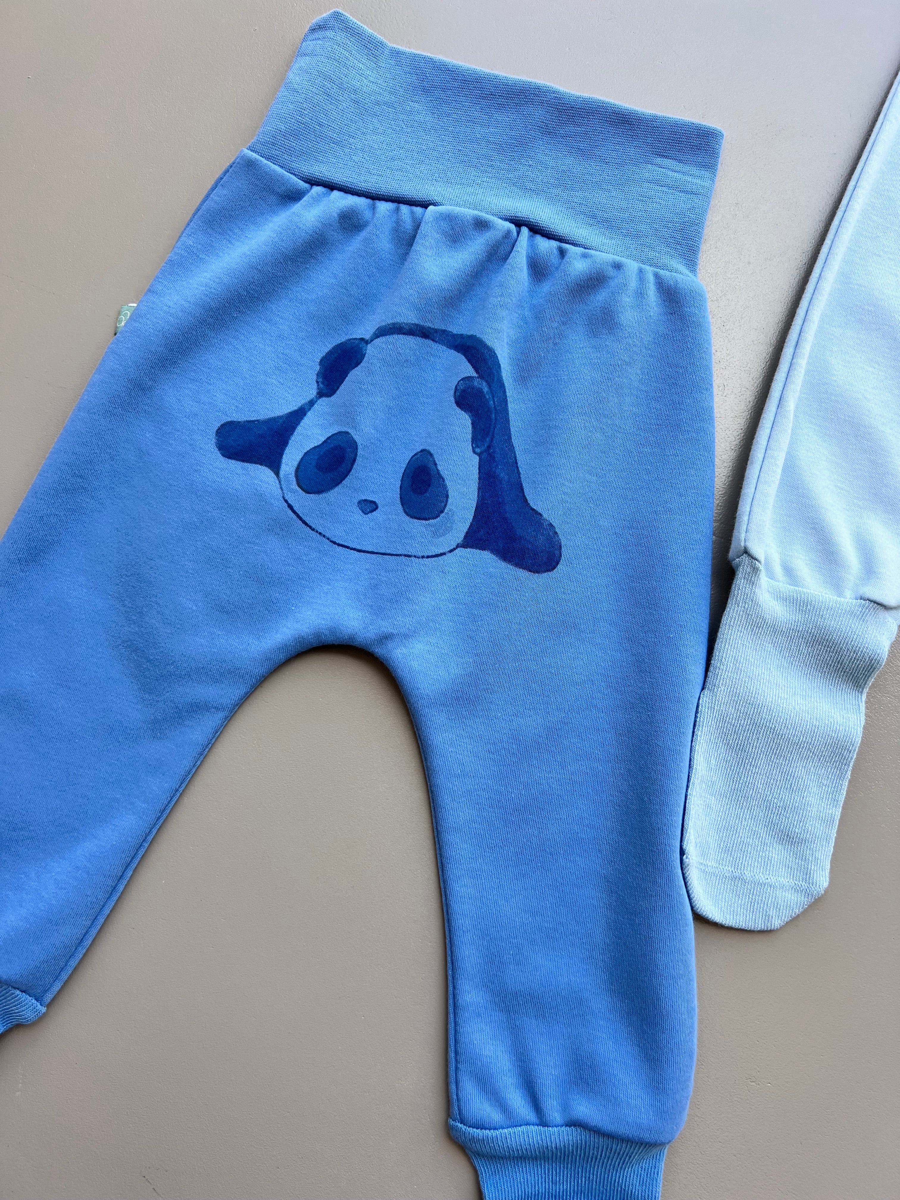 Blue & White GOTS™ Certified Organic Cotton Panda Footed Pants 3 Pcs Set