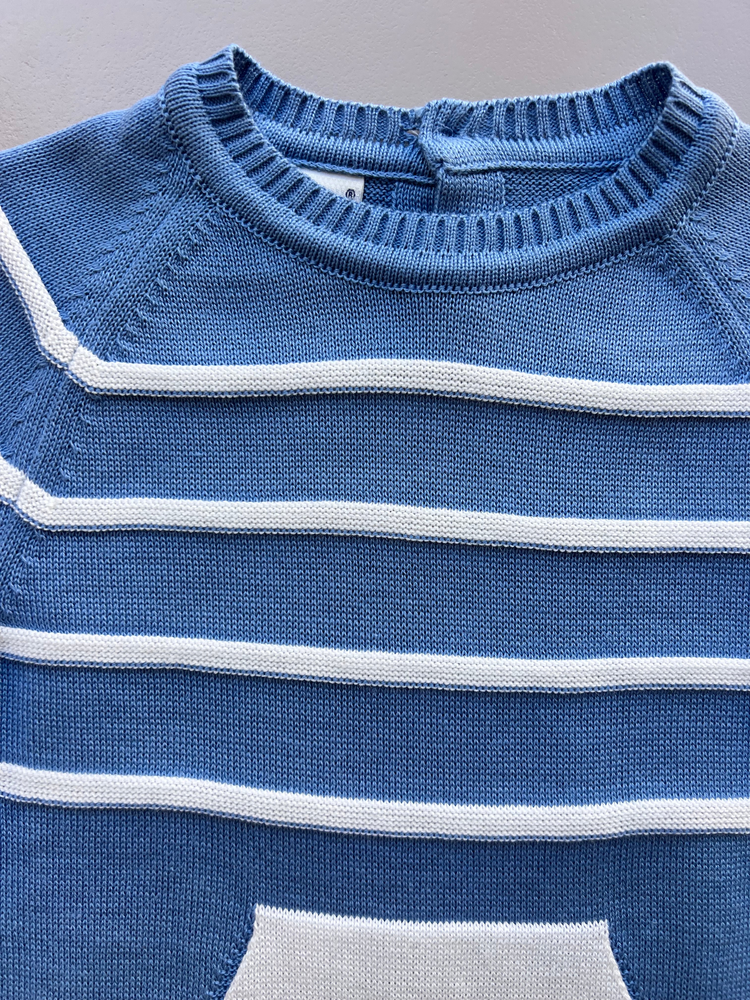 Blue And Off-White Striped Cotton Overall With Pocket