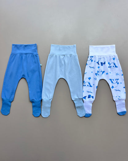 Blue & White GOTS™ Certified Organic Cotton Panda Footed Pants 3 Pcs Set