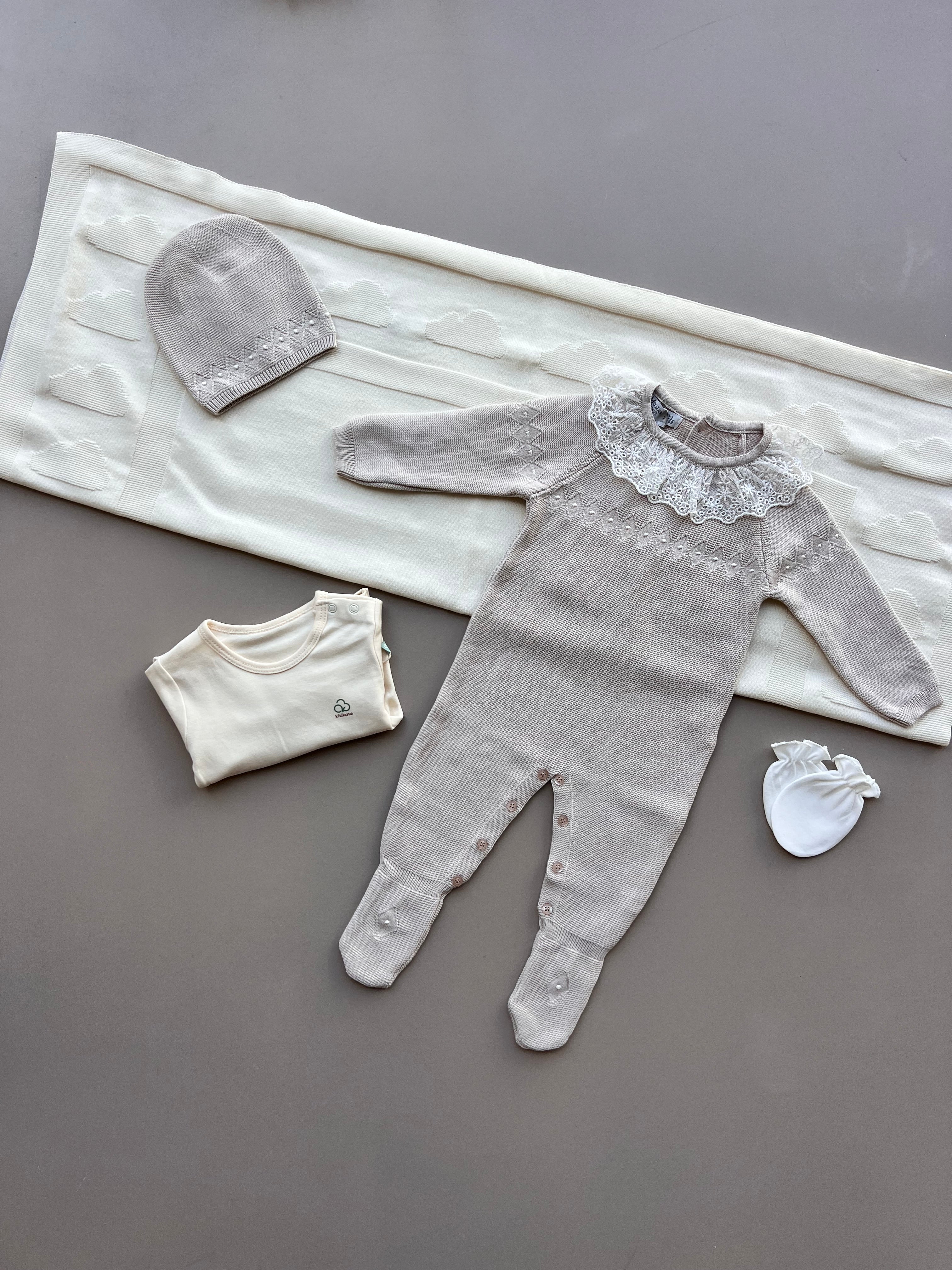 Beige Ruffle Cotton Footed Overall Hospital Set 5 pcs
