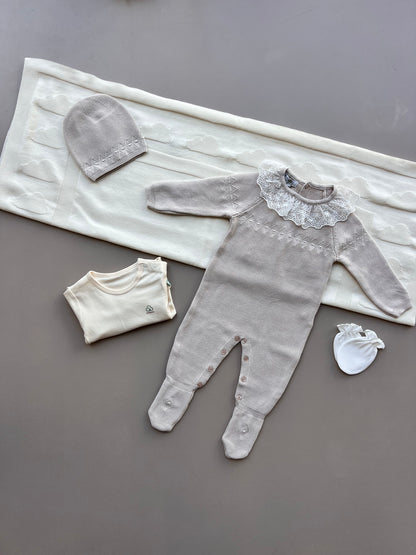 Beige Ruffle Cotton Footed Overall Hospital Set 5 pcs