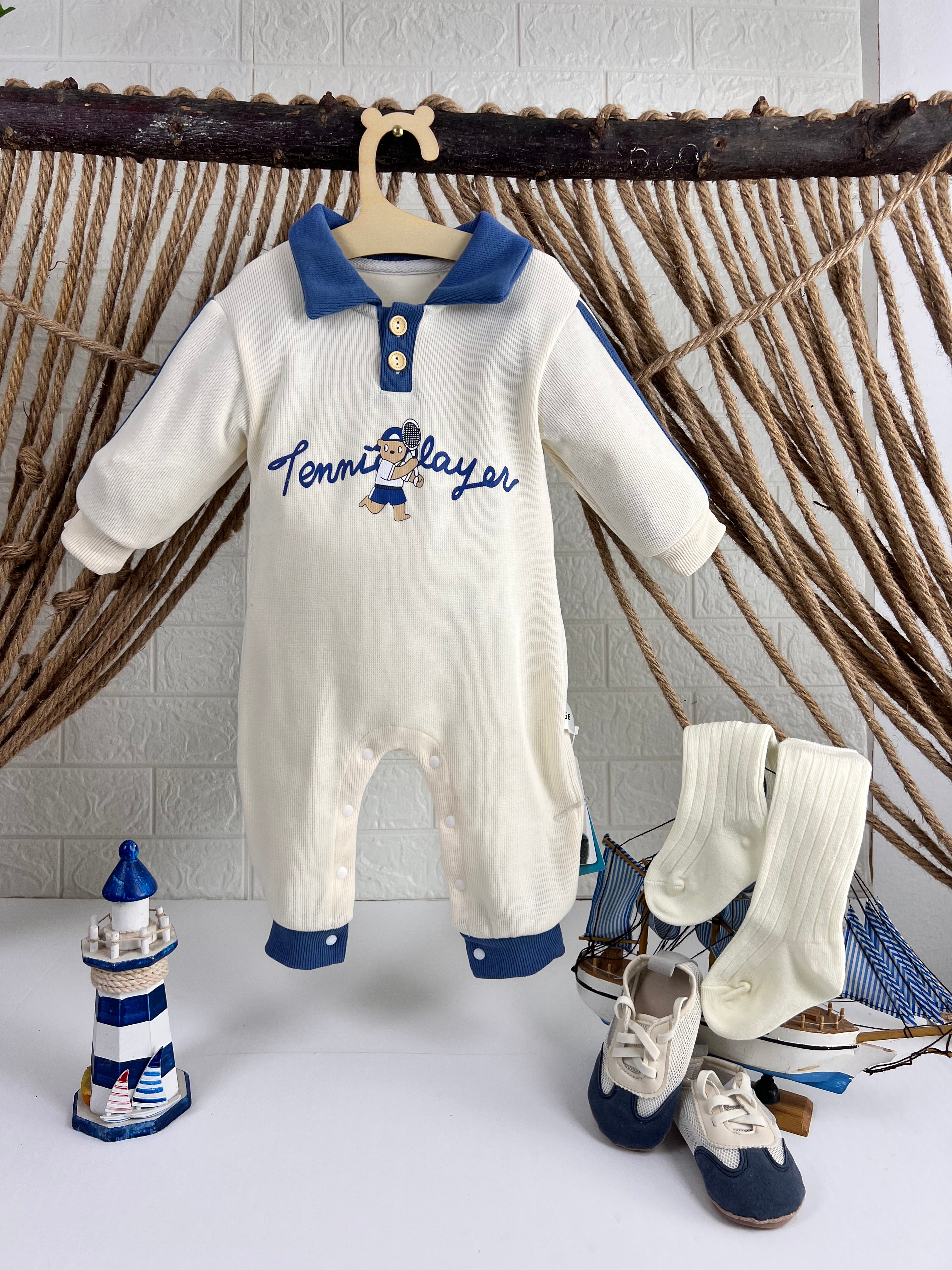 Beige & Blue Collar Overall