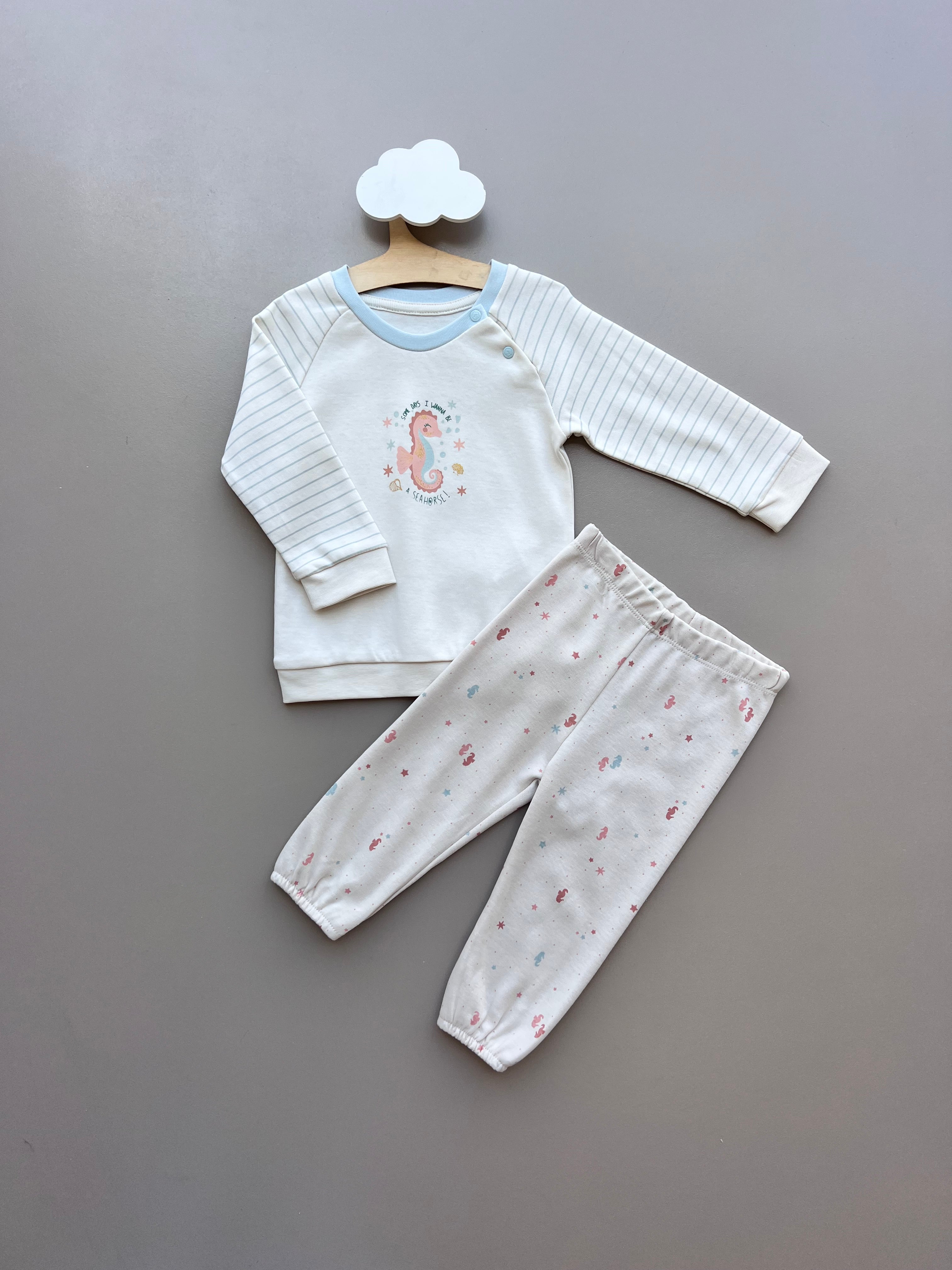 Beige and Blue Seahorse Cotton Survetement