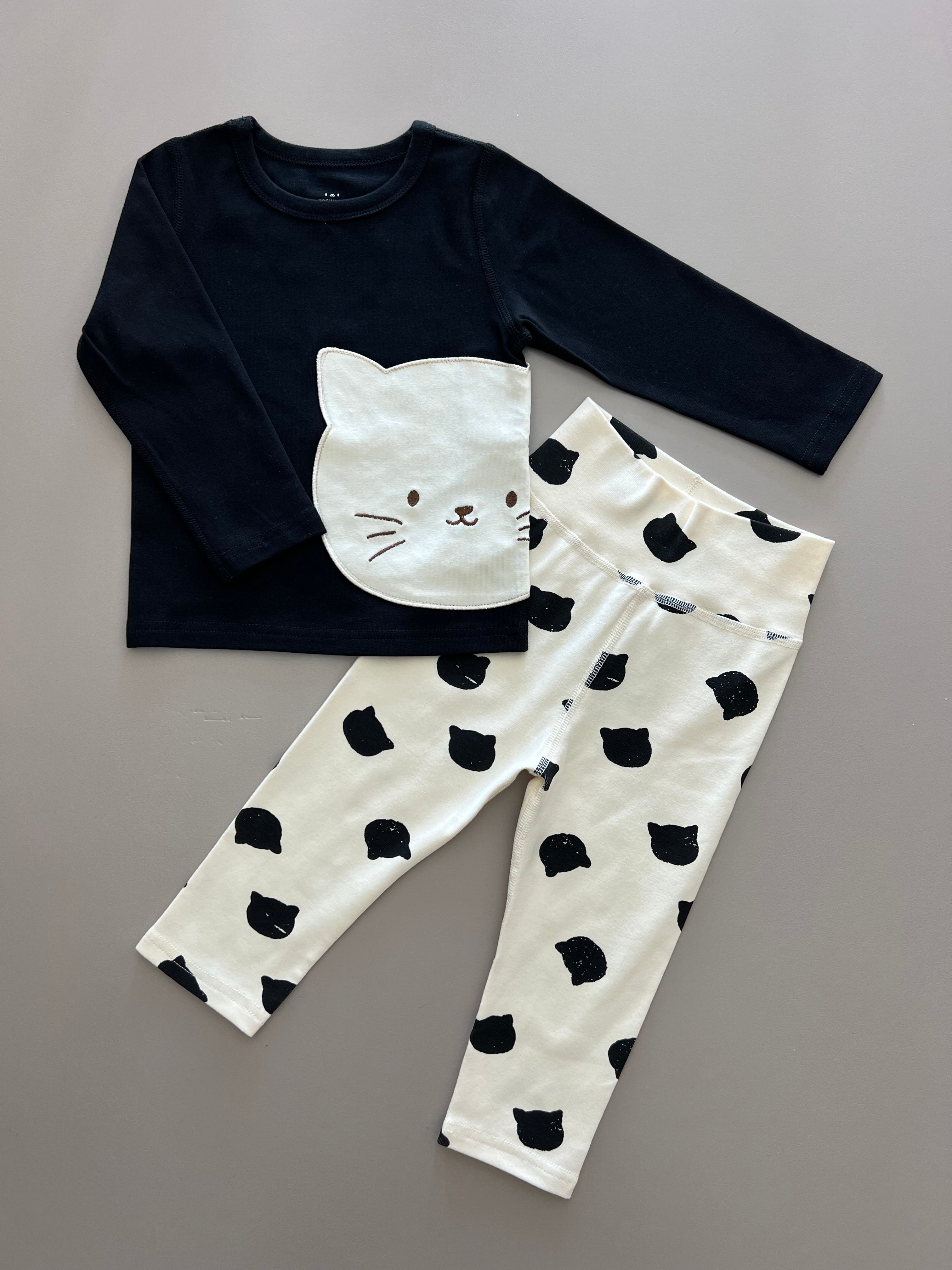 Black & Beige Cat Pyjama 2 Pcs Set