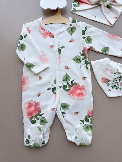White & Pink GOTS™ Certified Organic Cotton Rose Long Sleeves Overall 3Pcs