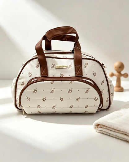 Flowers Beige Leather Diaper Bag