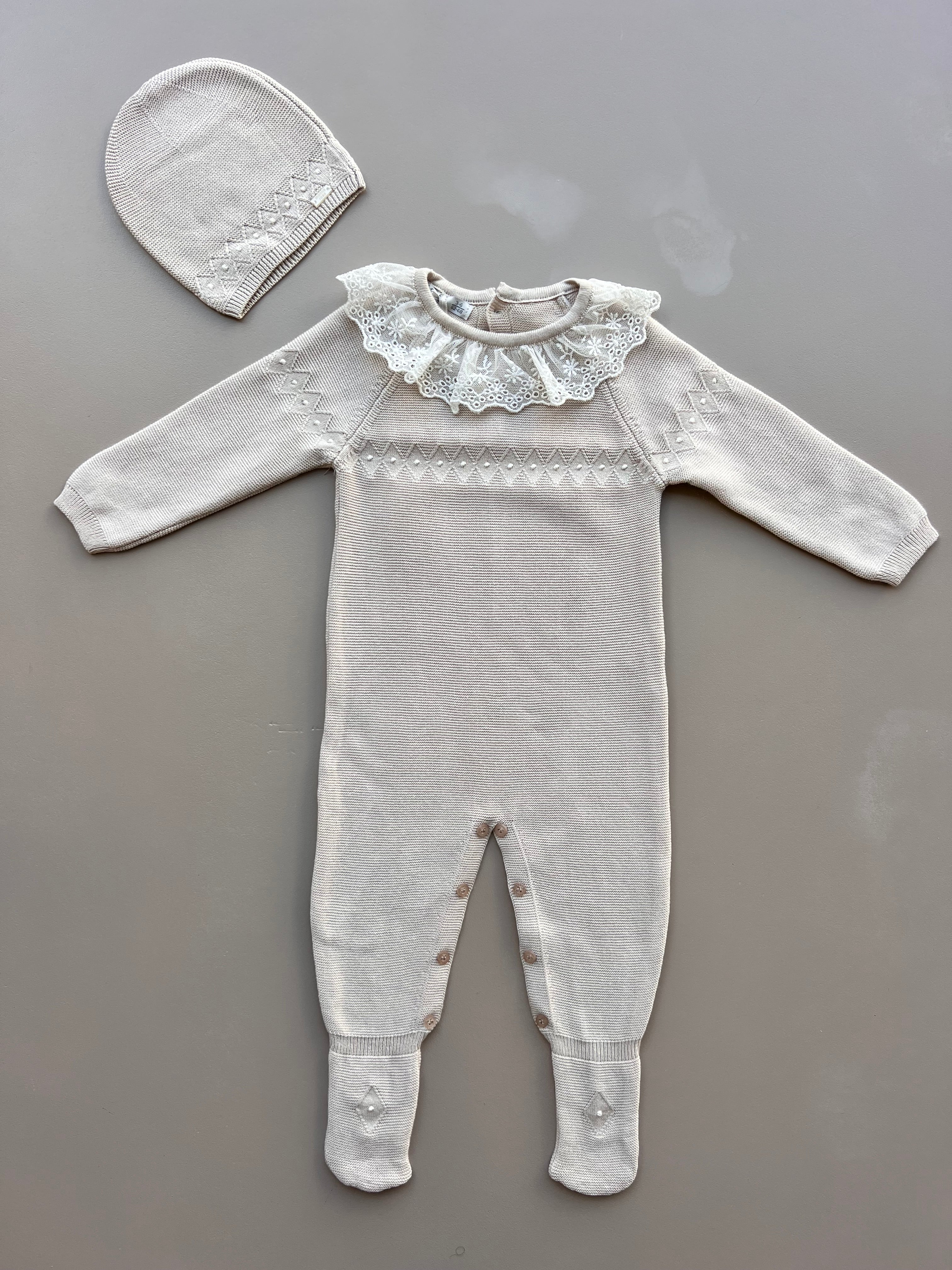 Beige Ruffle Cotton Footed Overall With Hat