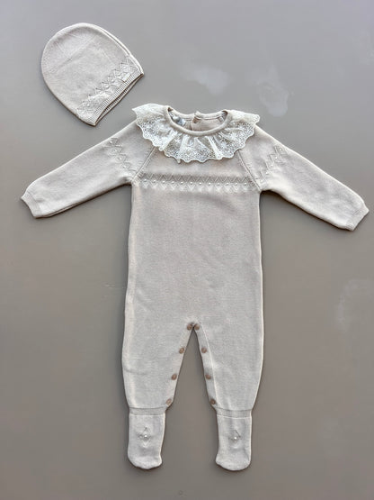 Beige Ruffle Cotton Footed Overall With Hat