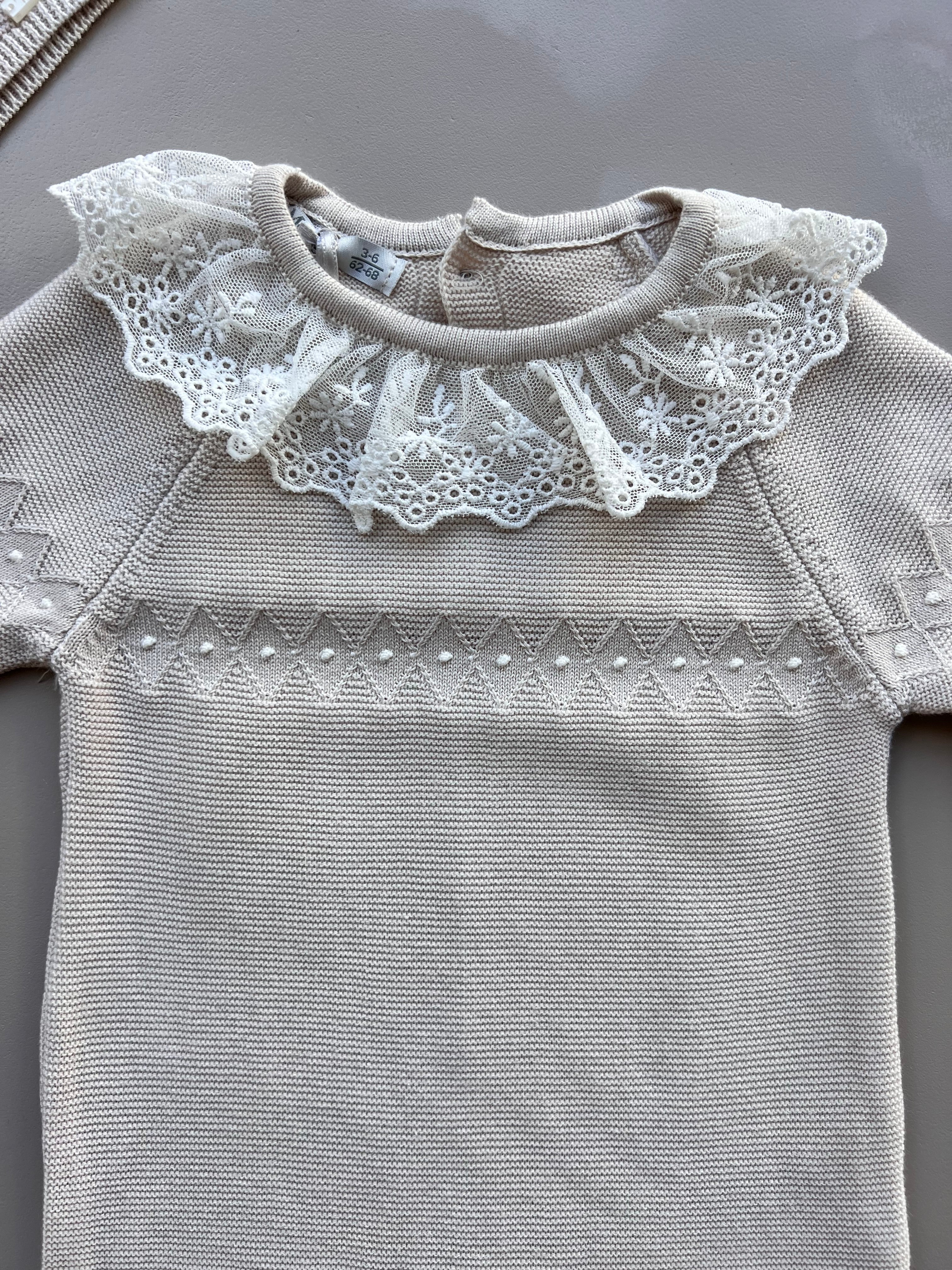 Beige Ruffle Cotton Footed Overall With Hat