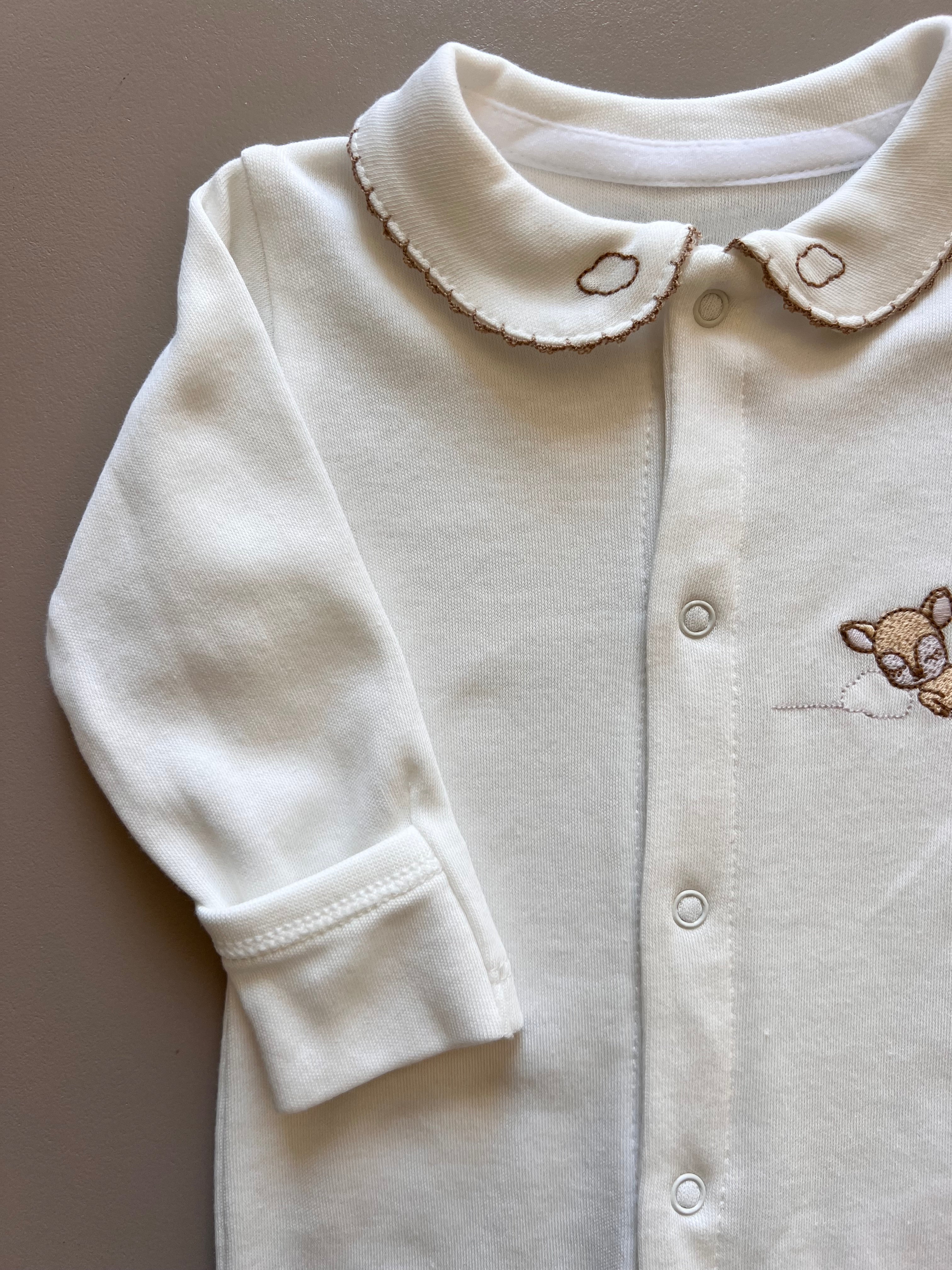 Off-White Long Sleeve & Brown Collar Footed Overall