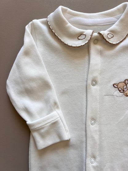 Off-White Long Sleeve & Brown Collar Footed Overall