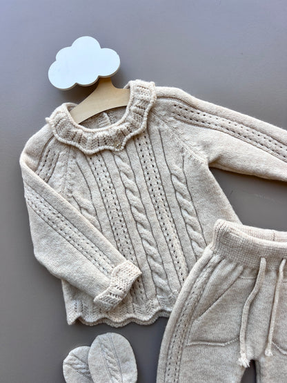 Beige Merino Wool Ruffles Hospital Set 4 Pcs