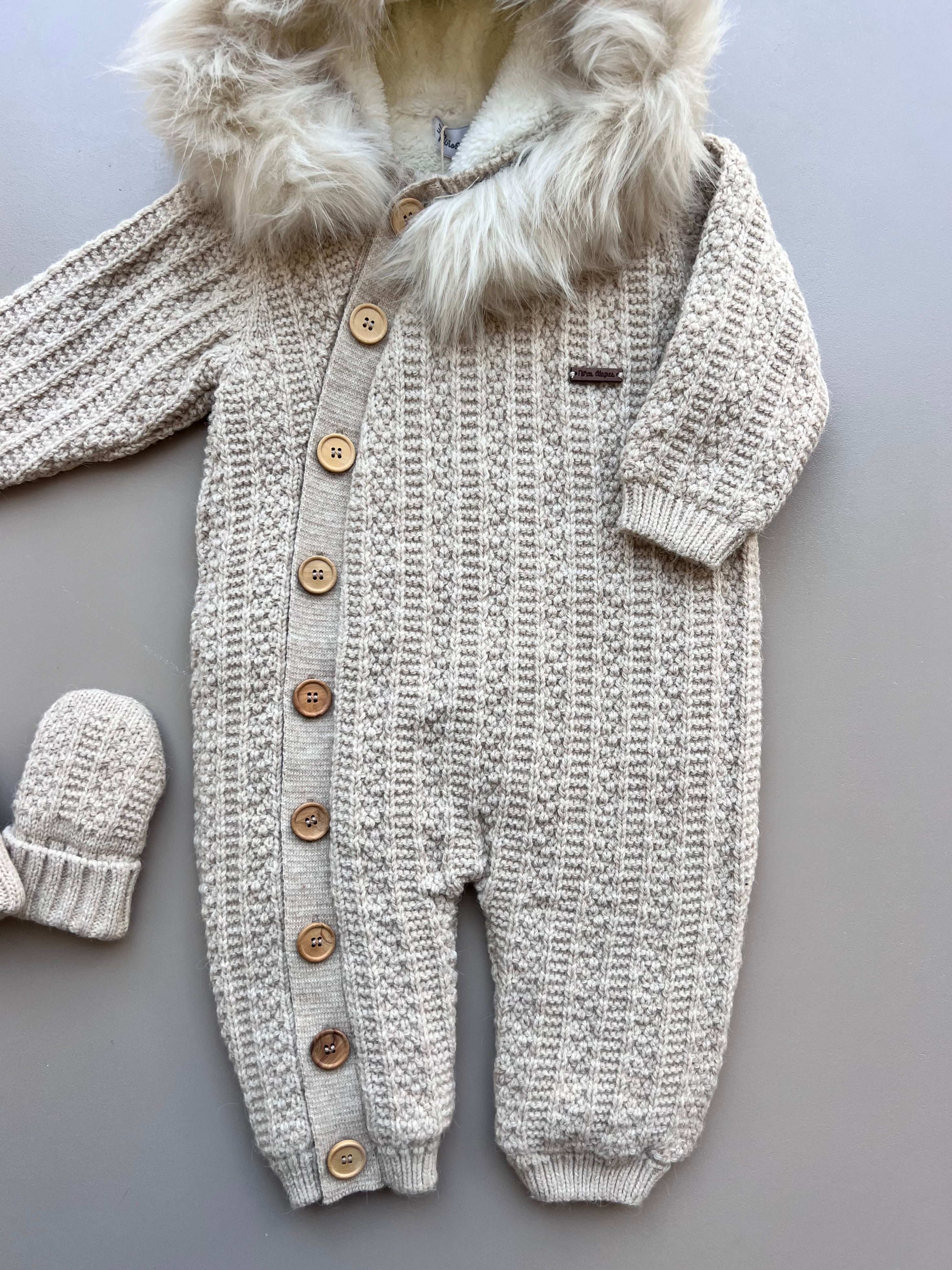 Beige Thick Wool Fur Inside Overall With Mittens 2Pcs