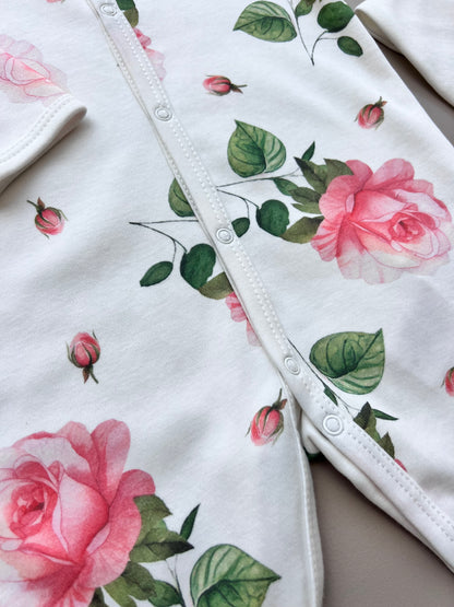 White & Pink GOTS™ Certified Organic Cotton Rose Long Sleeves Overall 3Pcs