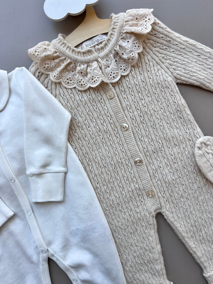 Beige Merino Wool Ruffles Hospital Set 5 Pcs