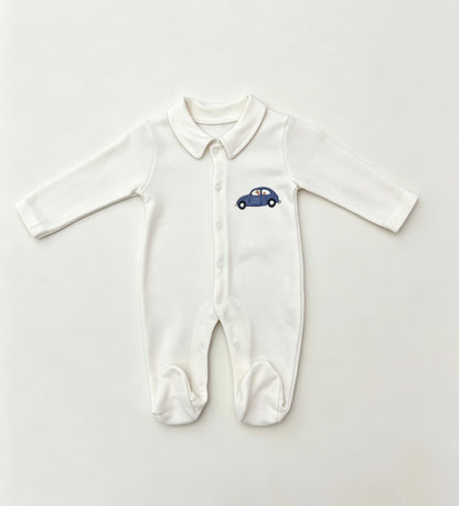Nœud Blanc™ Organic Cotton Polo Car Footed Overall