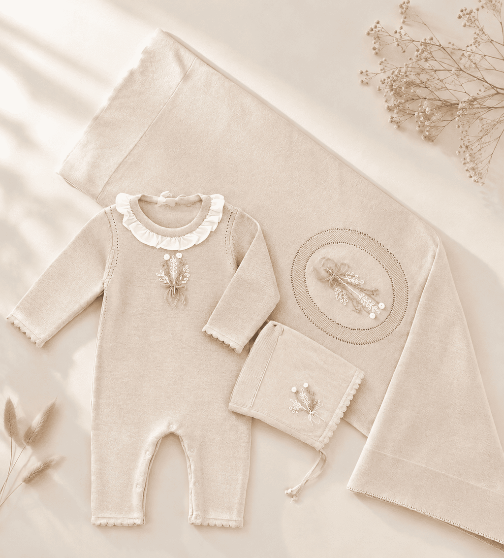 EAC Organic cotton Beige Flower embroidered Hospital Set 3 Pcs