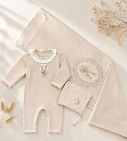 EAC Organic cotton Beige Flower embroidered Hospital Set 3 Pcs