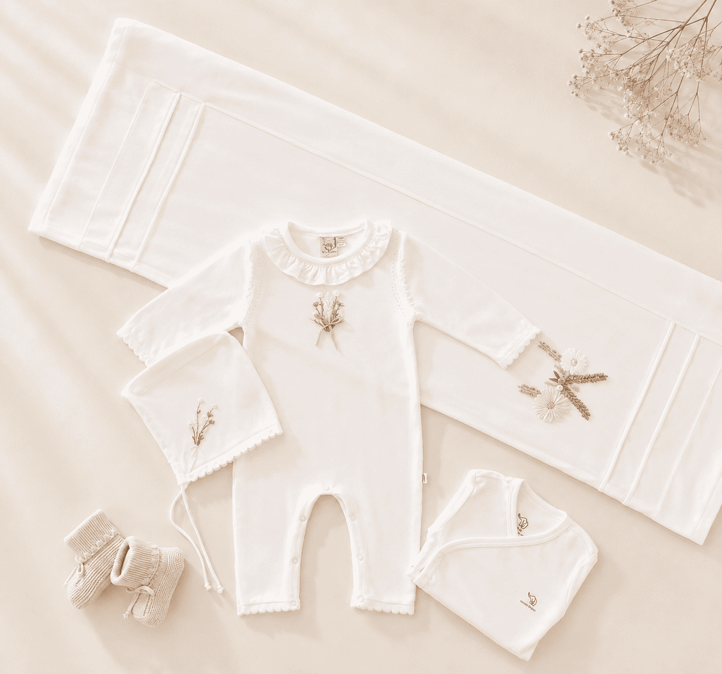 EAC Organic cotton Off-White Ruffles Flower Bouquet Embroidered Hospital Set 5 Pcs
