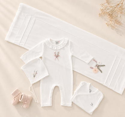 EAC Organic cotton Off-White Ruffles Flower Bouquet Embroidered Hospital Set 5 Pcs