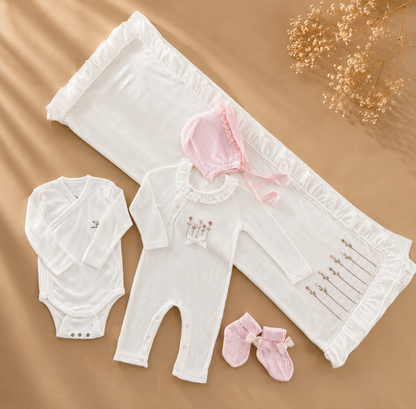 EAC Organic cotton Off-White Ruffles Flower Embroidered Hospital Set 5 Pcs