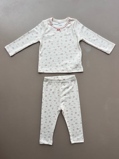 Beige And Pink Flowers Pyjama 2 Pcs Set