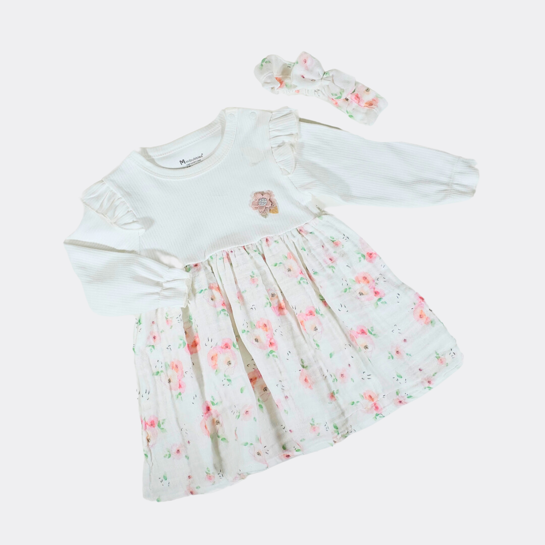 White Flowers Linen Dress Set